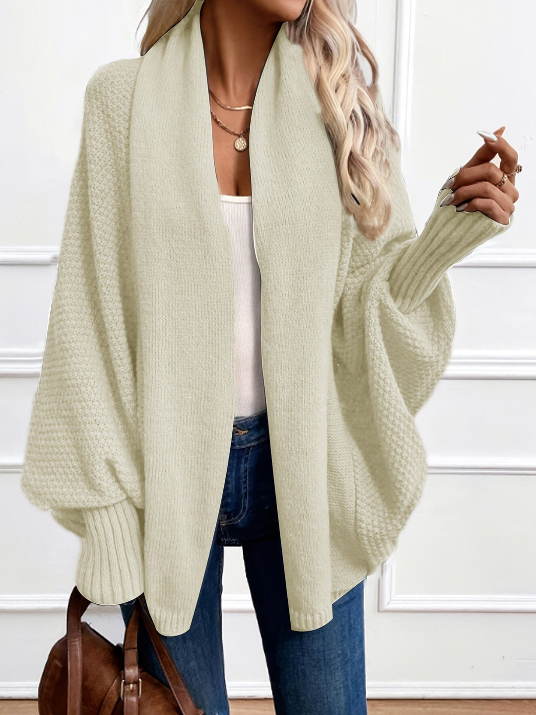 Guinevere draped shawl collar cardigan in milky, front view