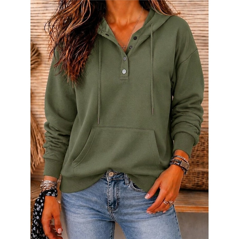 Harriet button-neck hooded sweatshirt in green, front view