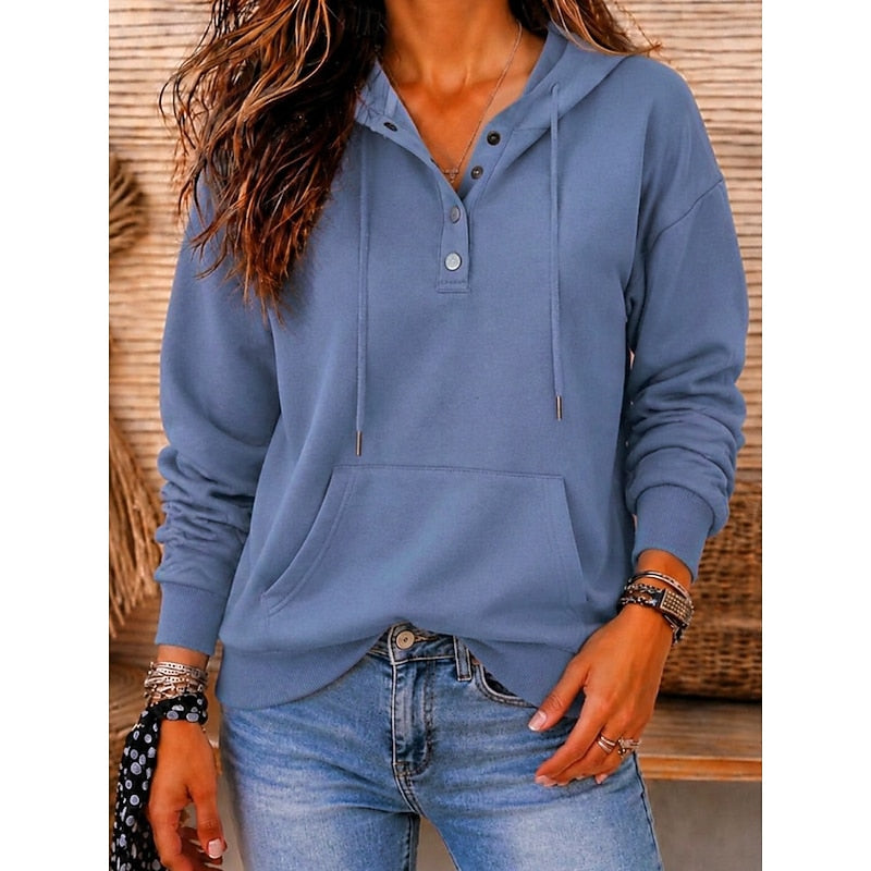 Harriet button-neck hooded sweatshirt in blue, front view