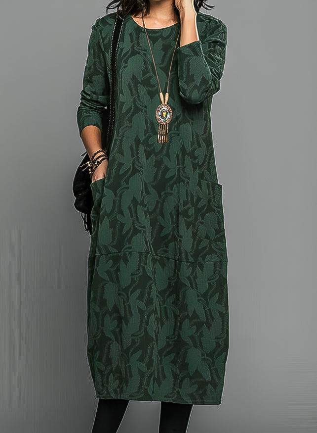 Henrietta round neck long sleeve midi dress in green, front view