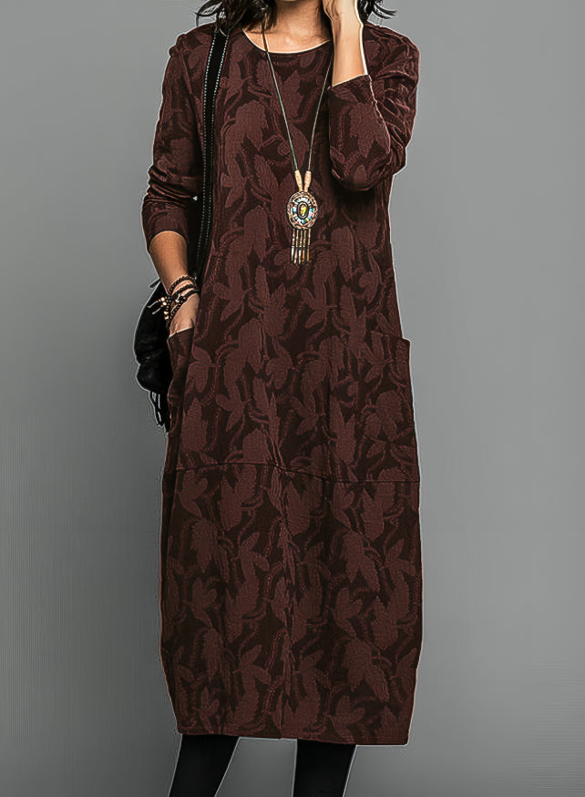 Henrietta round neck long sleeve midi dress in burgundy, front view