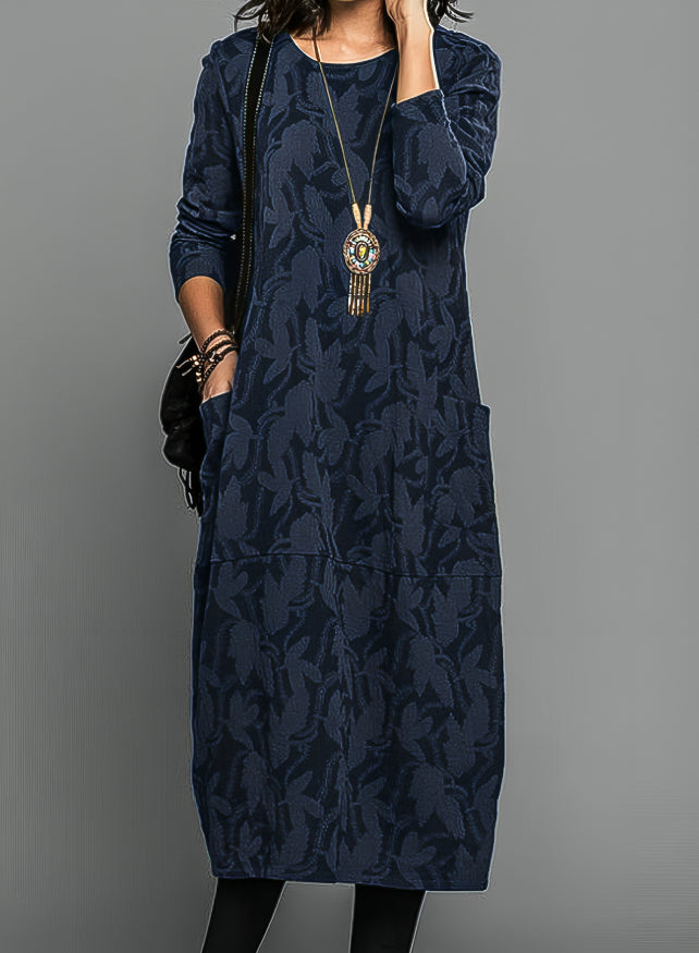 Henrietta round neck long sleeve midi dress in navy, front view