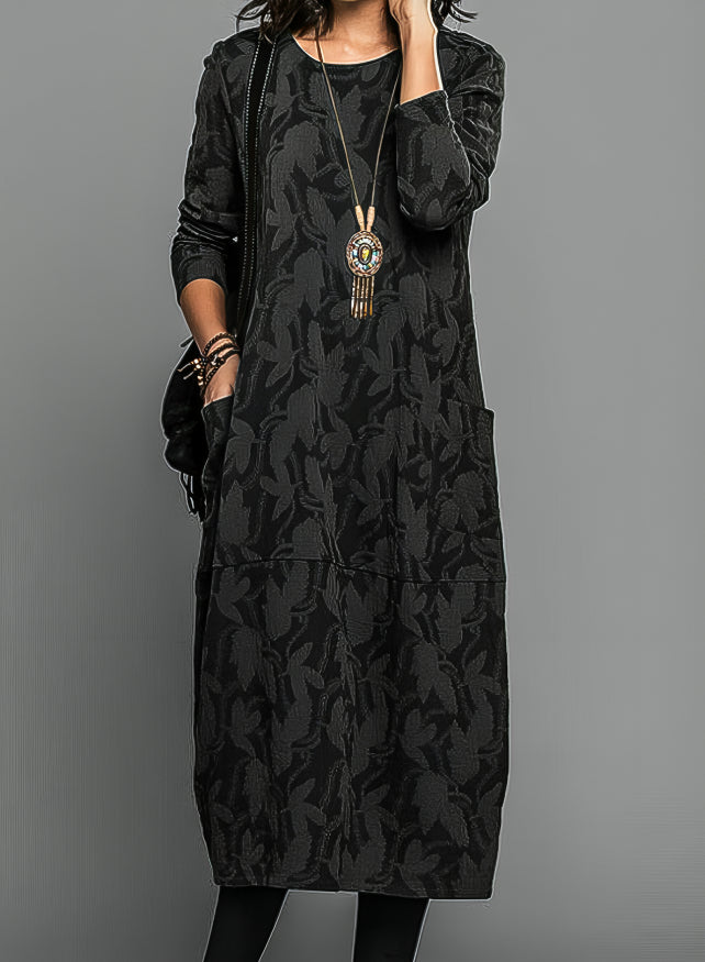 Henrietta round neck long sleeve midi dress in black, front view