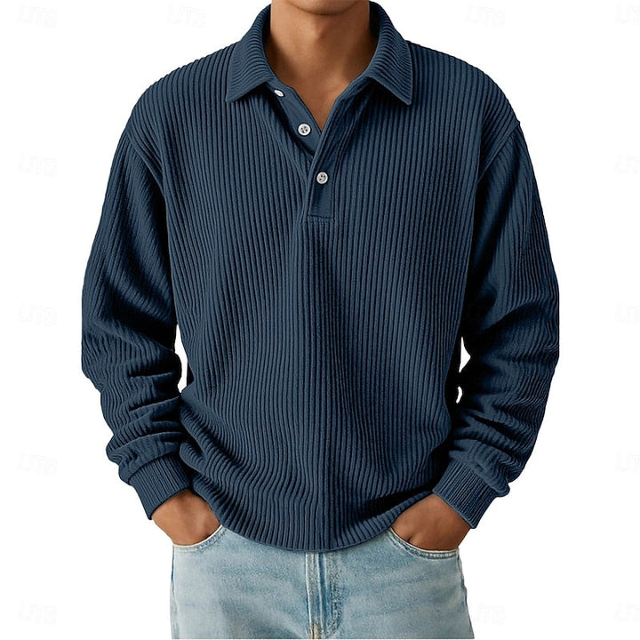 Holden ribbed long sleeve polo shirt in dark blue, front view