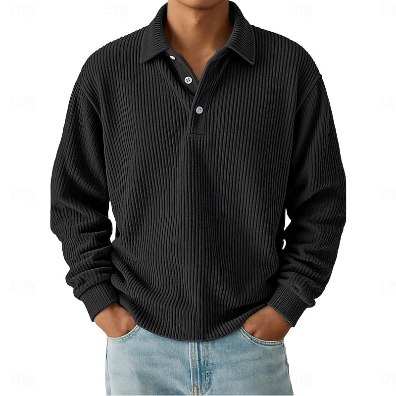 Holden ribbed long sleeve polo shirt in black, front view
