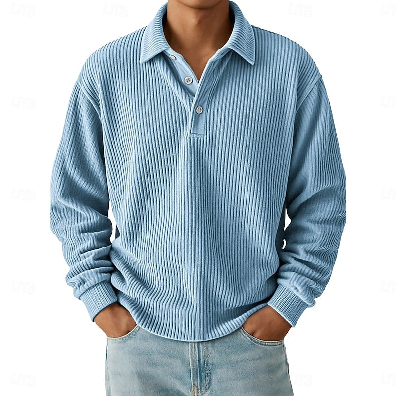 Holden ribbed long sleeve polo shirt in light blue, front view