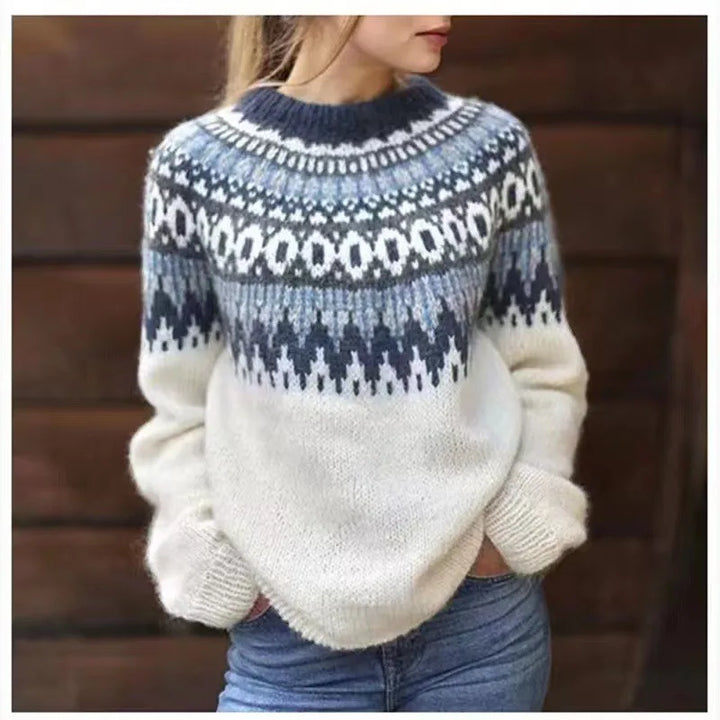 Isadora Fair Isle crew neck sweater in white and blue, front view close-up