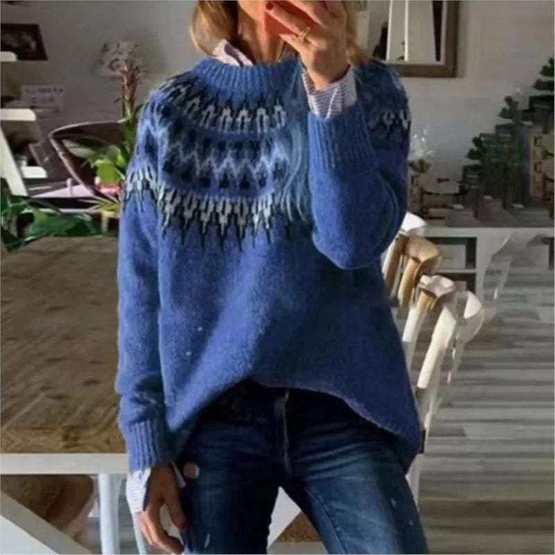 Isadora Fair Isle crew neck sweater in blue, front view