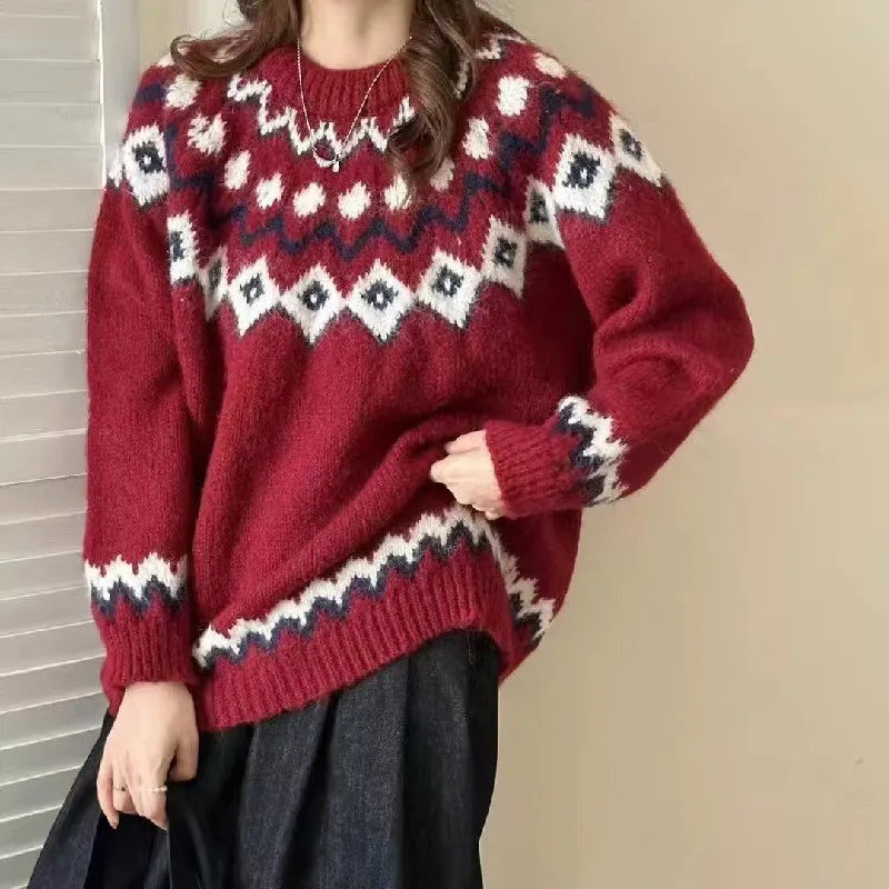 Isadora Fair Isle crew neck sweater in cream and brown, front view with model holding a camera