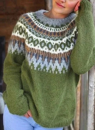 Isadora Fair Isle crew neck sweater in cream and brown, front view with model holding a camera