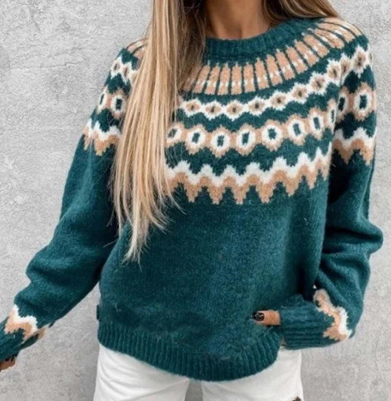 Isadora Fair Isle crew neck sweater in cream and brown, front view with model holding a camera