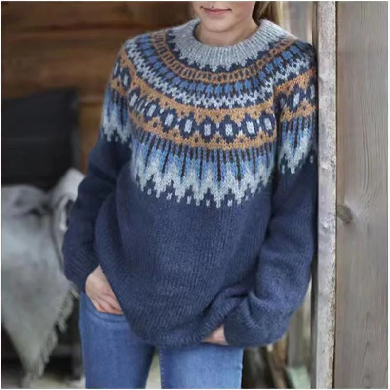 Isadora Fair Isle crew neck sweater in cream and brown, front view with model holding a camera