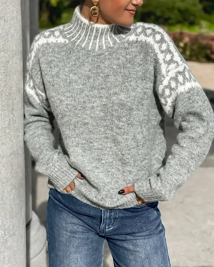 Isolde gray animal print turtleneck sweater, front view