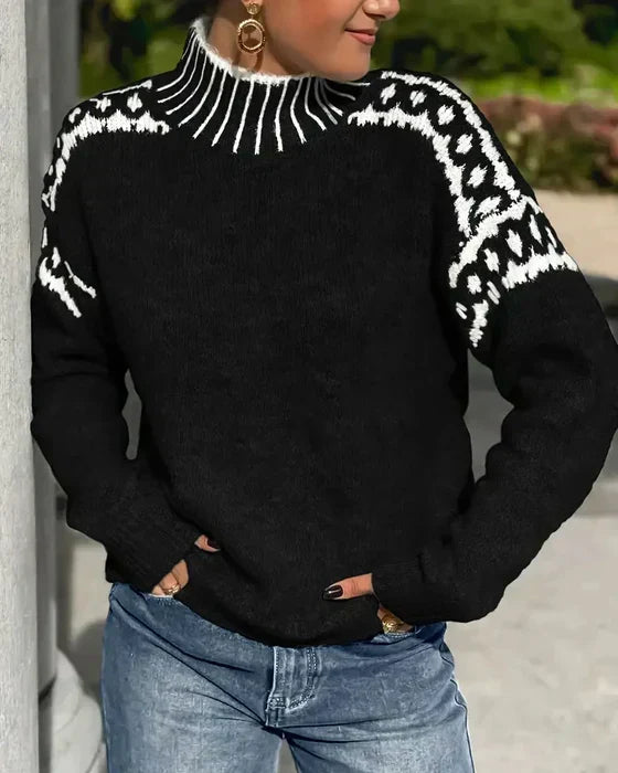 Isolde black animal print turtleneck sweater, front view