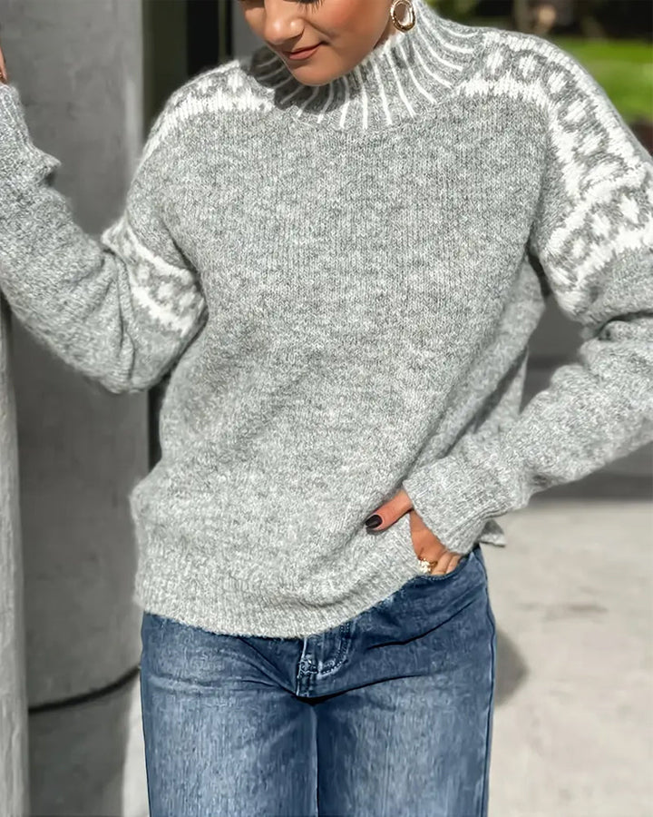 Isolde gray animal print turtleneck sweater, close-up detail