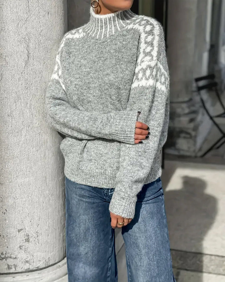 Isolde gray animal print turtleneck sweater, close-up detail