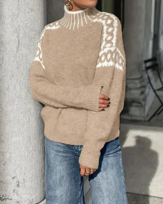 Isolde gray animal print turtleneck sweater, close-up detail