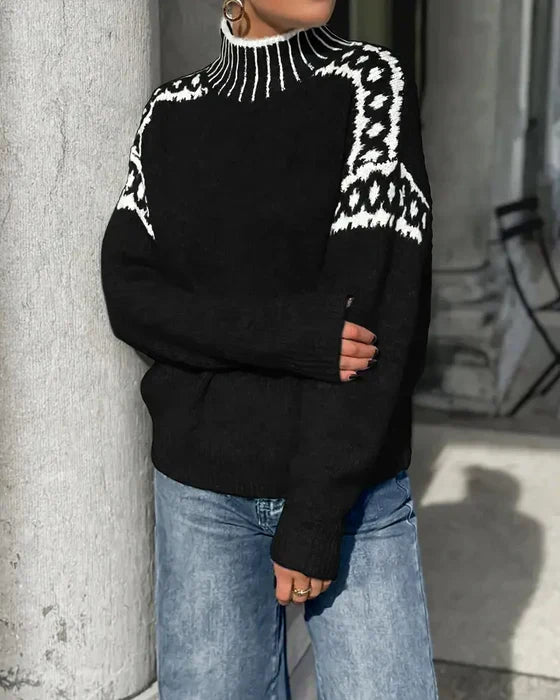 Isolde gray animal print turtleneck sweater, close-up detail