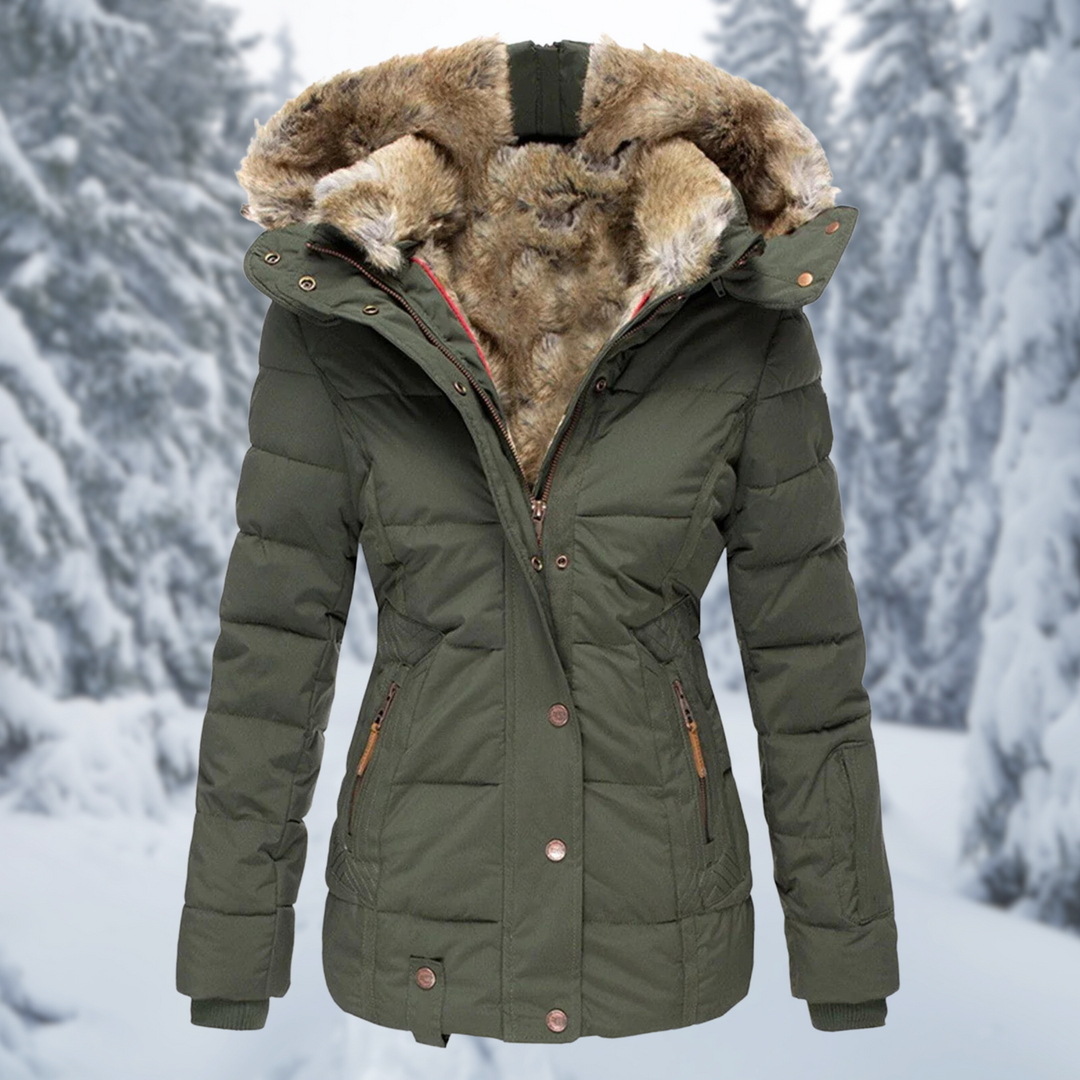 Isolde hooded puffer jacket in green with faux fur trim, front view