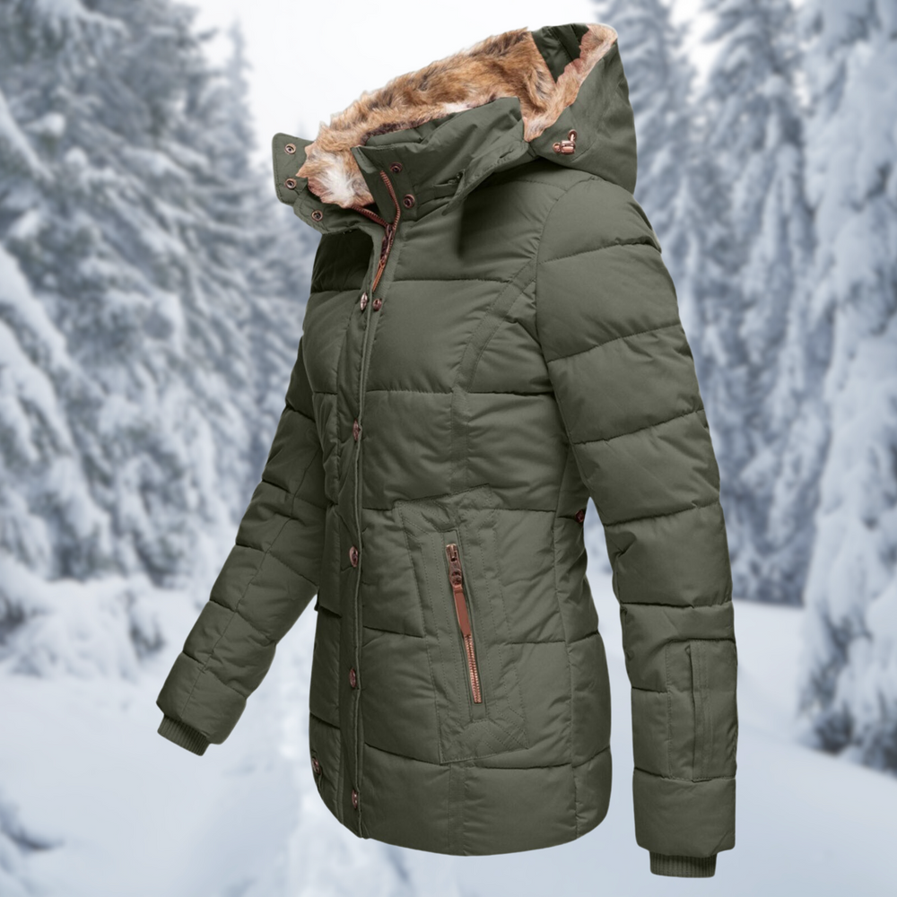 Isolde puffer jacket in green with zip pocket detail, side view