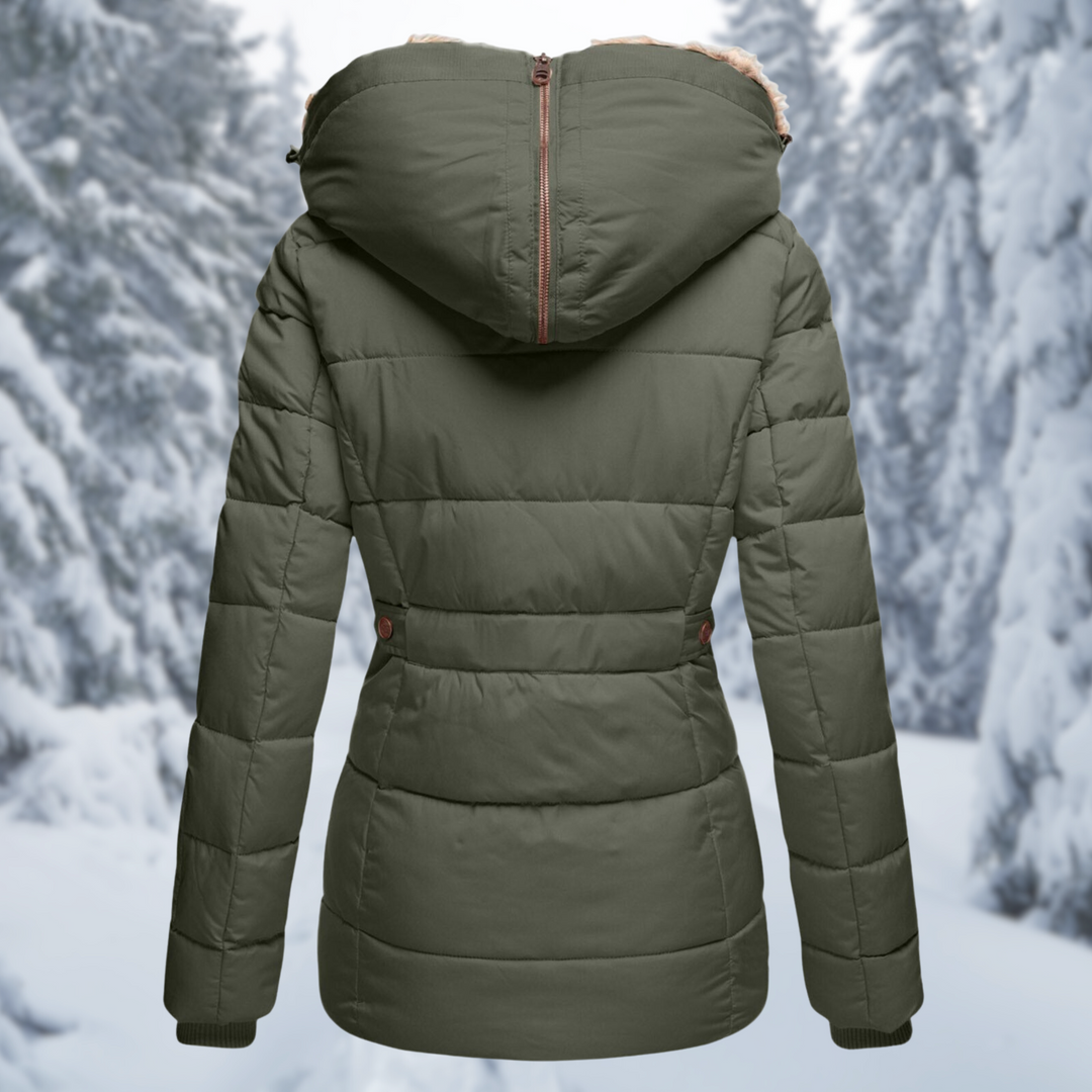 Isolde puffer jacket in green, back view showing quilted design