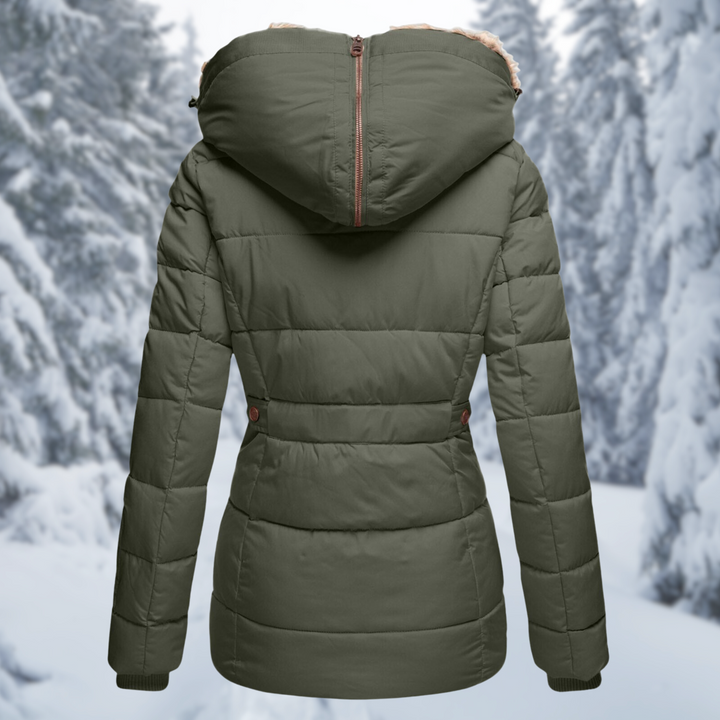 Isolde puffer jacket in green, back view showing quilted design