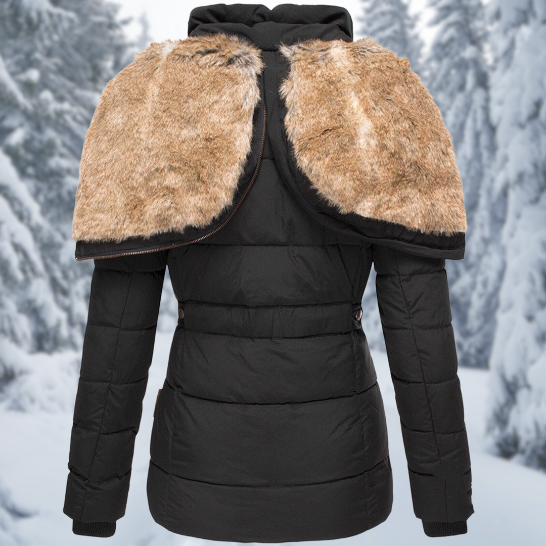 Isolde puffer jacket in black with faux fur hood trim, back view