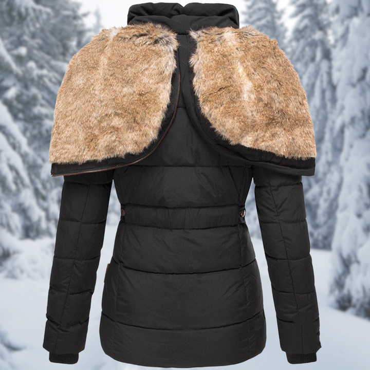 Isolde puffer jacket in black with faux fur hood trim, back view