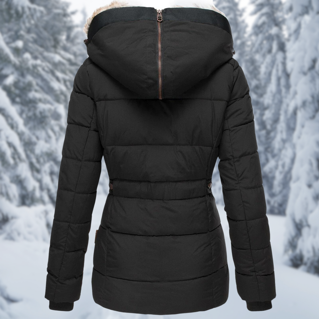 Isolde puffer jacket in black with faux fur hood trim, back view