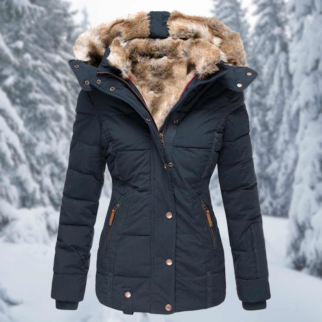 Isolde puffer jacket in black with faux fur hood trim, back view