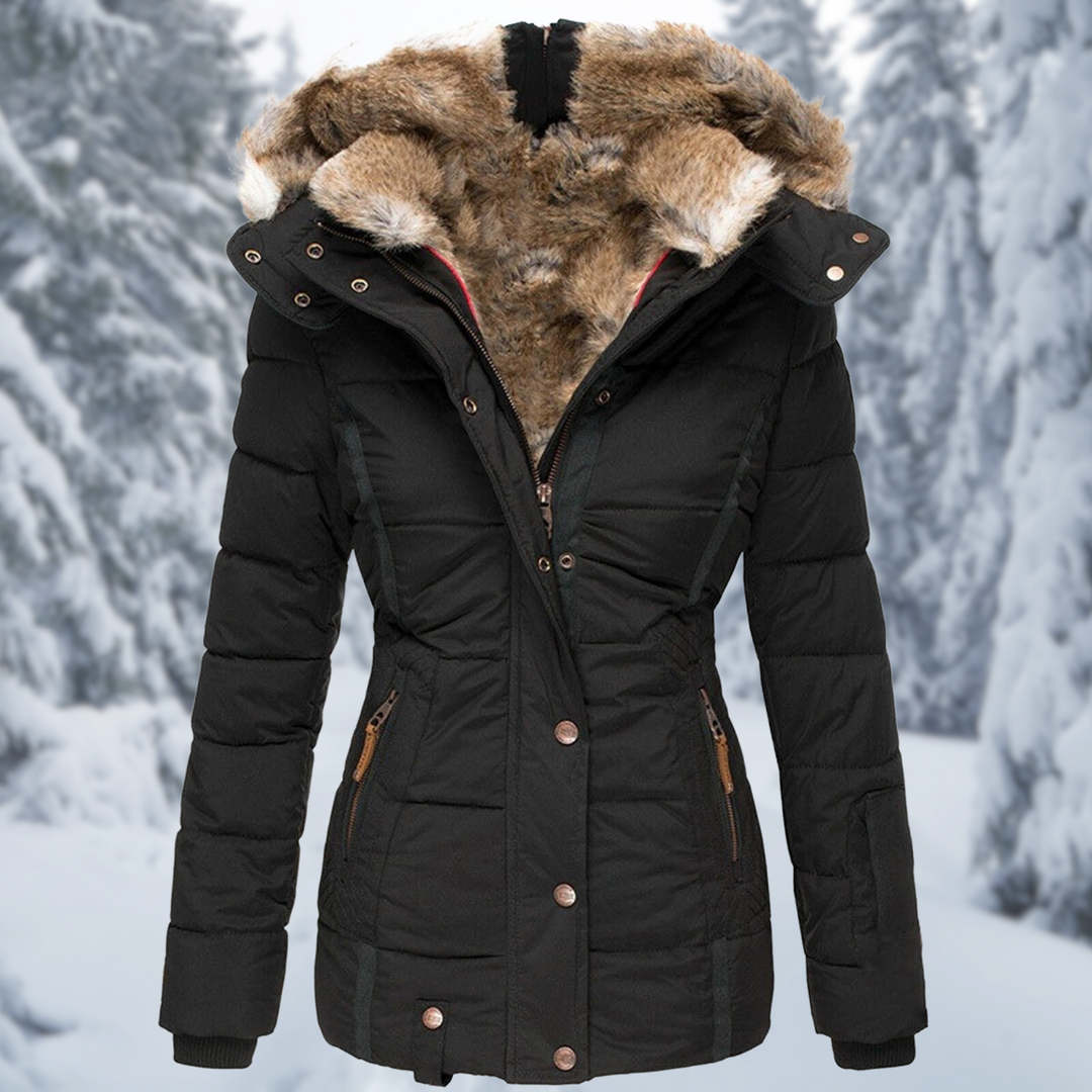 Isolde puffer jacket in black with faux fur hood trim, back view