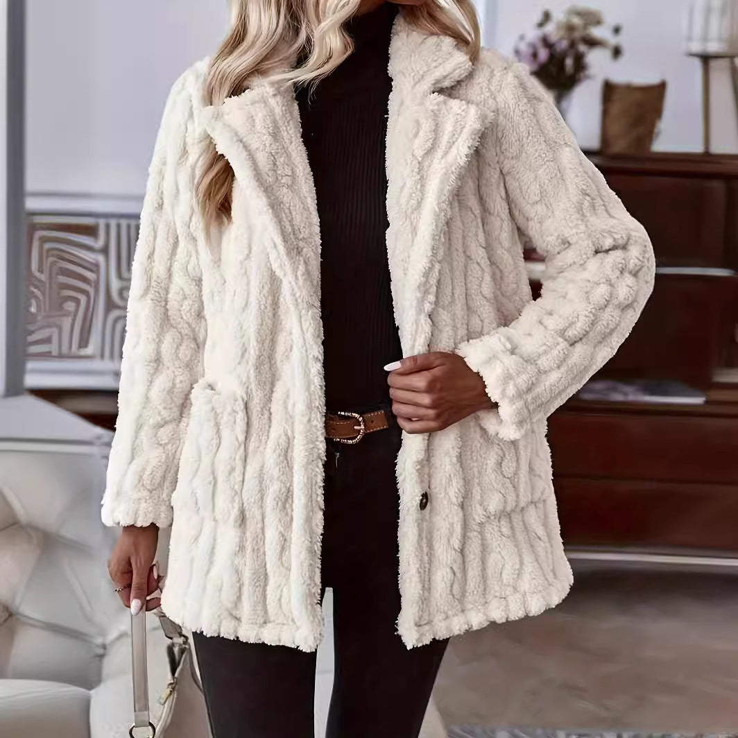 Josephine cable textured teddy coat, front view with hand at collar
