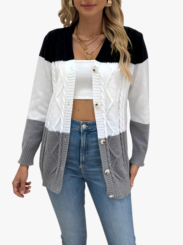 Josephine colorblock cable knit cardigan, close-up front view