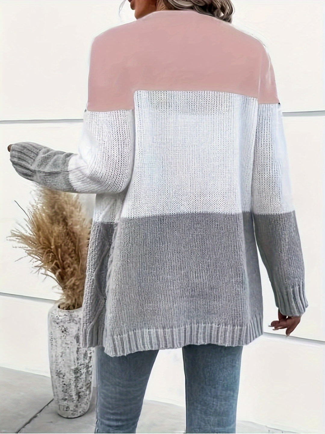 Josephine colorblock cable knit cardigan in pink and black, front view