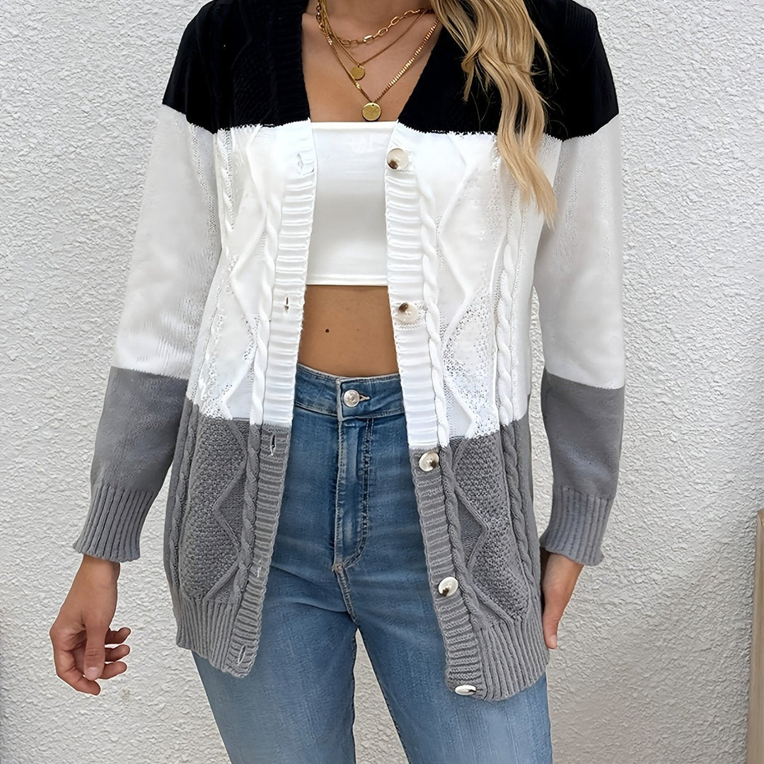 Josephine colorblock cable knit cardigan in pink and black, front view