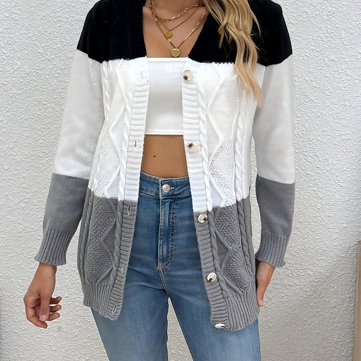 Josephine colorblock cable knit cardigan in pink and black, front view