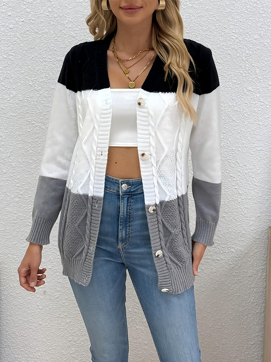 Josephine colorblock cable knit cardigan, front view outdoors