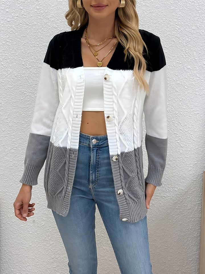 Josephine colorblock cable knit cardigan, front view outdoors