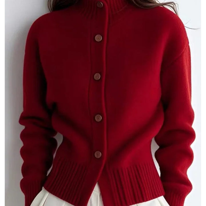 Josephine red mock neck button cardigan, close-up front view