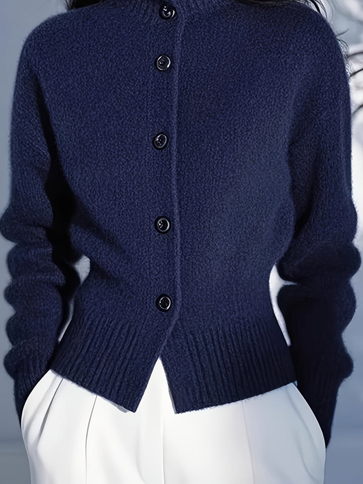 Josephine red knit cardigan, back view showing ribbed collar