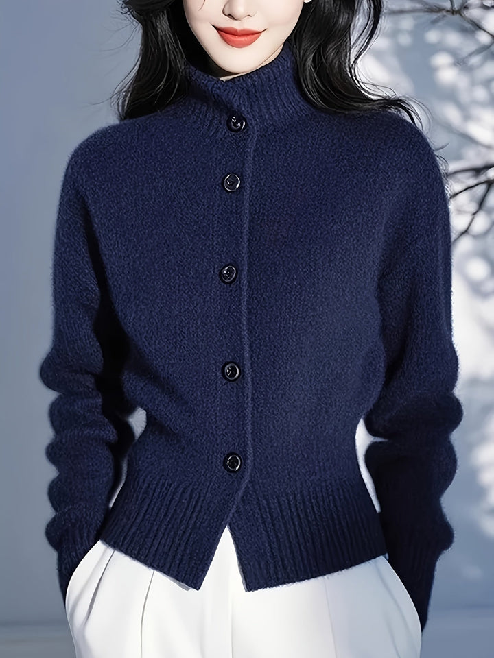 Josephine red knit cardigan, back view showing ribbed collar