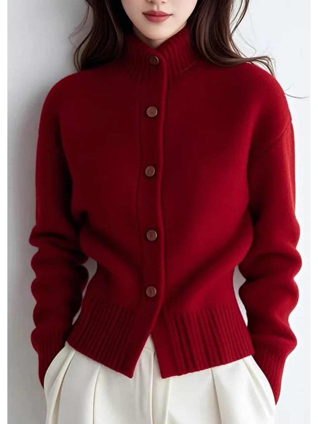 Josephine red high-neck cardigan, close-up detail view