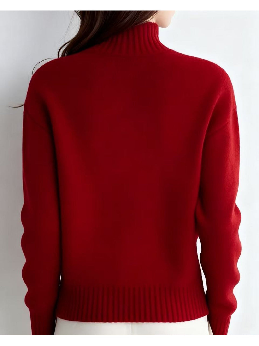 Josephine red knit cardigan, back view showing ribbed collar