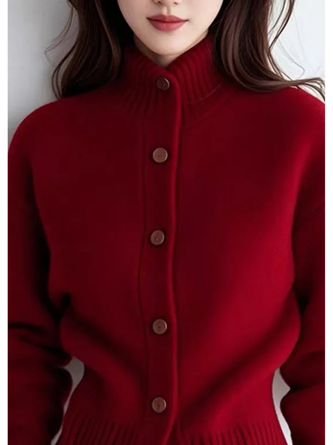 Josephine red knit cardigan, back view showing ribbed collar