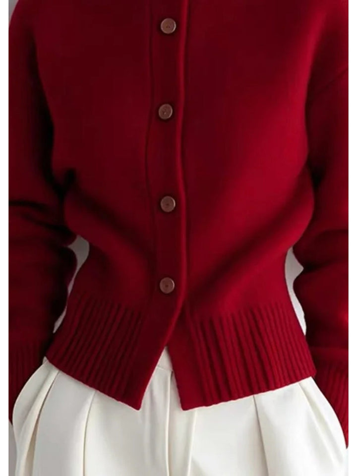 Josephine red knit cardigan, back view showing ribbed collar