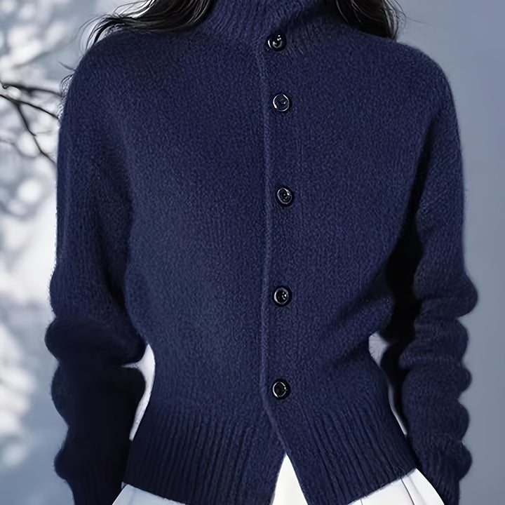 Josephine red knit cardigan, back view showing ribbed collar