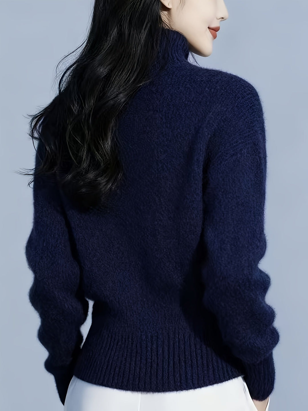 Josephine red knit cardigan, back view showing ribbed collar