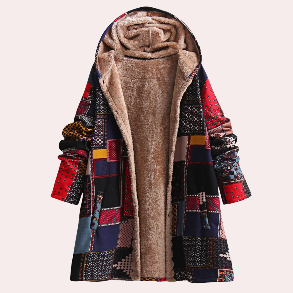 Josephine patchwork hooded coat with fleece lining, open front view