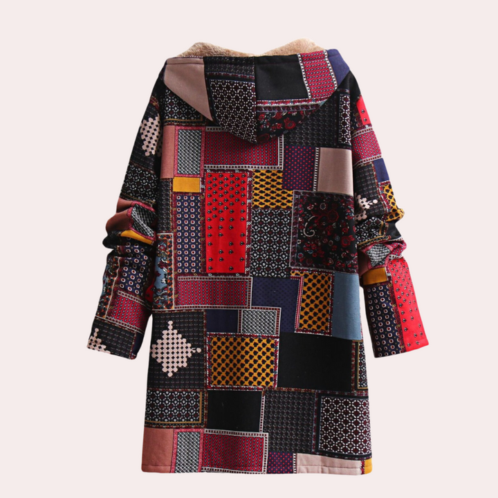 Josephine patchwork hooded coat, back view