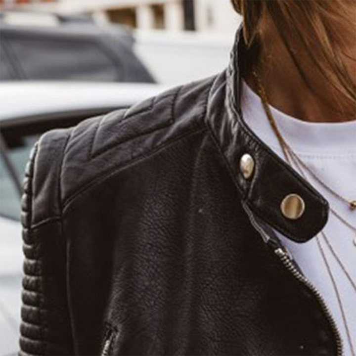 Josephine faux leather jacket collar and snap-button detail